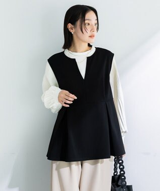 Green Parks 楽ちんリップルペプラムベスト Black