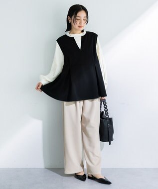 Green Parks 楽ちんリップルペプラムベスト Black