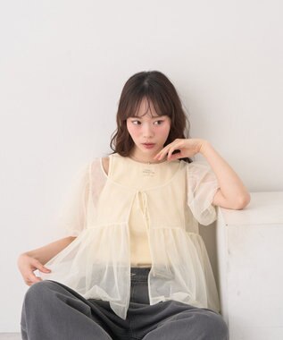 earth music&ecology ＳＥＴ２点チュールバルーンブラウス＋ロゴタンク Ivory