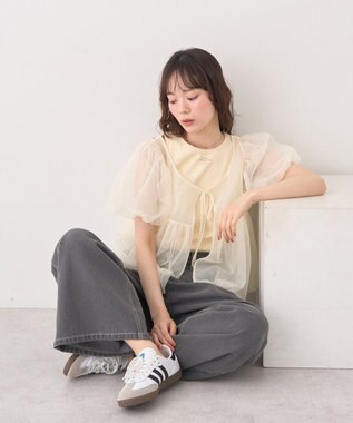 earth music&ecology ＳＥＴ２点チュールバルーンブラウス＋ロゴタンク Ivory