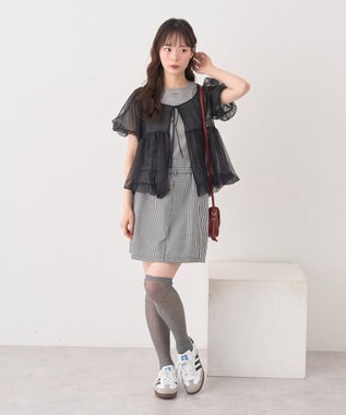 earth music&ecology ＳＥＴ２点チュールバルーンブラウス＋ロゴタンク Black