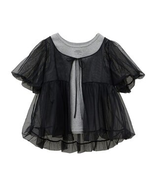 earth music&ecology ＳＥＴ２点チュールバルーンブラウス＋ロゴタンク Black