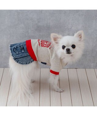 PET PARADISE J.PRESS デニム風 スカートつなぎ 小型犬 ベージュ×レッド