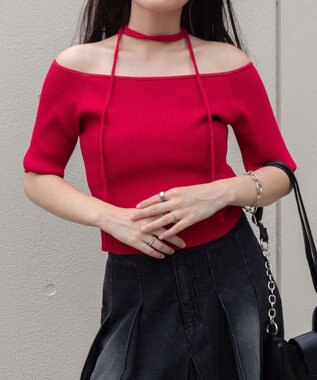 WEGO チョーカーリボン付きオフショルニット レッド