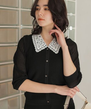組曲 【WEB限定】レーシーニット レース襟付き カーディガン ブラック系