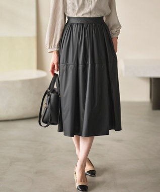組曲 レザーライクライト タックギャザースカート ブラック系