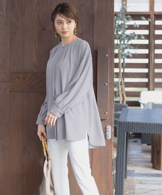 Tiaclasse 【洗える】とろみシャツチュニックブラウス サックス