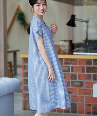 Tiaclasse リネンミックススキッパーシャツワンピース サックスストライプ