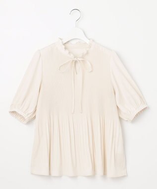 Feroux 【洗える】プリーツコンビ半袖 ブラウス アイボリー系