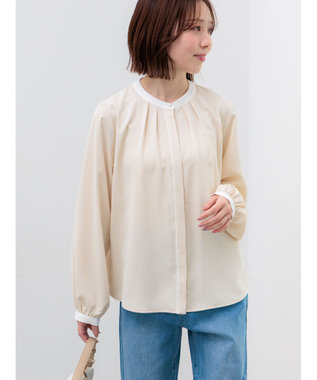 Te chichi パール釦配色タックブラウス