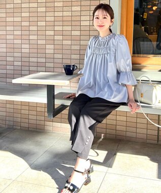 Feroux 【洗える】スタンドネックシャーリング ブラウス スカイブルー系