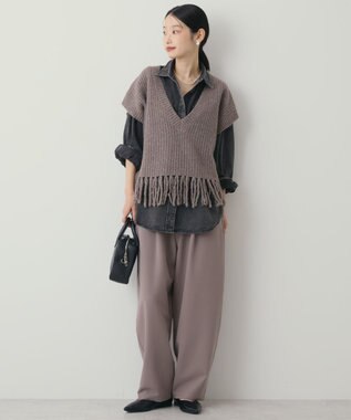 AMERICAN HOLIC 裾フリンジニットショートベスト Gray Beige