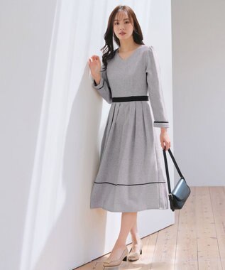 Tiaclasse 【洗える】配色パイピングフレアワンピース オフホワイトブラック