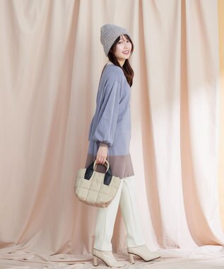 Tiaclasse L 【洗える】カラーブロッキングニットチュニック ブルー