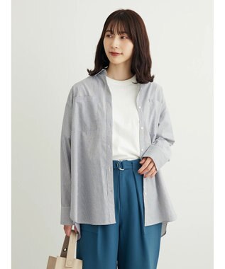 Green Parks 胸元ポケットイージーケアストライプシャツ Dark Navy