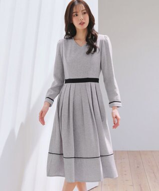 Tiaclasse 【洗える】配色パイピングフレアワンピース オフホワイトブラック