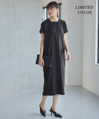 ICB 【接触冷感・UVケア・速乾・洗える】FluidBackSatin レイヤードデザインワンピース チャコール系［WEB限定］