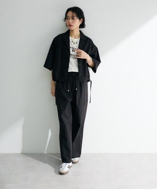 Green Parks 綿麻混イージーワイドパンツ Black