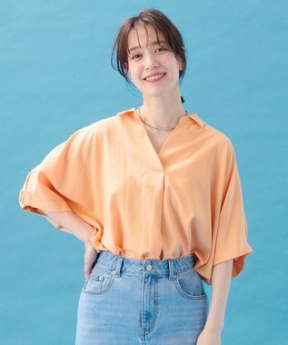 【洗濯機可/接触冷感/UVケア】スキッパーネック袖タックブラウス