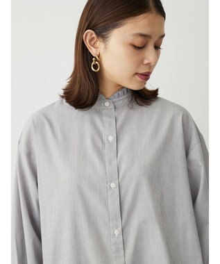 Green Parks イージーケアスタンドフリルシャツチュニック Stripe Black