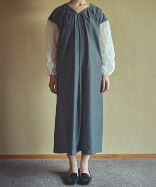 muuc キャッチ袖ワンピース〈日本製〉〈上品な透け感〉〈ベルト付きでAラインも〉〈体型カバー・フリーサイズ〉〈モードな異素材・オーガニックコットン使用〉
