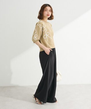 Green Parks ・ＥＬＥＮＣＡＲＥ　ＤＵＥ　ライン刺繍５分袖ニット Beige