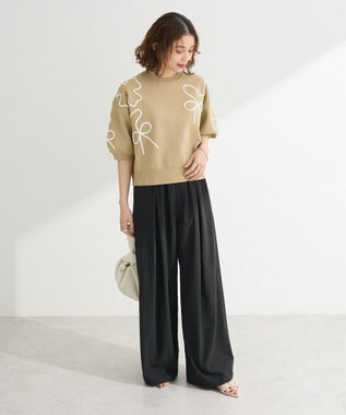 Green Parks ・ＥＬＥＮＣＡＲＥ　ＤＵＥ　ライン刺繍５分袖ニット Beige