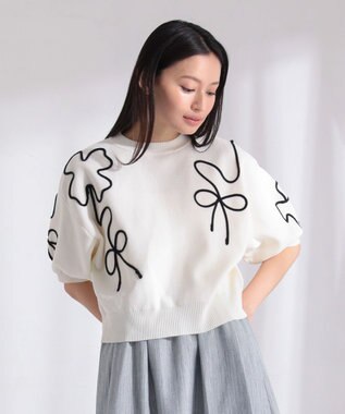 Green Parks ・ＥＬＥＮＣＡＲＥ　ＤＵＥ　ライン刺繍５分袖ニット Beige