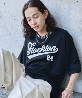 WEGO 【ユニセックス着用ITEM/2点セットネックレス付き/MLサイズ展開】アクセ付きラインリブメッシュプルオーバー ブラック