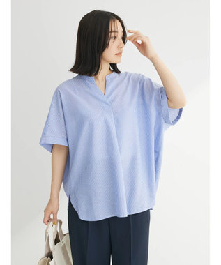 Green Parks 綿麻混フレンチスリーブスキッパーシャツ Stripe Blue