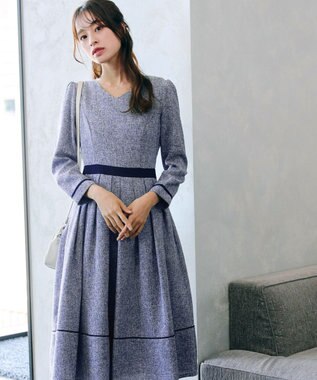 Tiaclasse 【洗える】配色パイピングフレアワンピース ネイビー