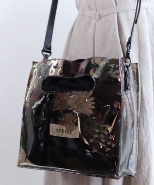 muuc 〈2WAY〉色糸花刺繍模様 ビニール生地 牛革ショルダー紐付き スクエアバッグ ブラック