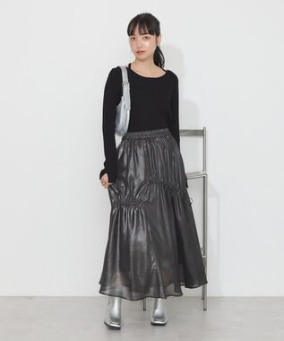 earth music&ecology シャイニーアシンメトリーギャザースカート Black