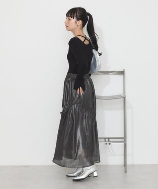 earth music&ecology シャイニーアシンメトリーギャザースカート Black