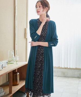 Tiaclasse 【小倉優子さん着用・洗える】フレアスリーブ柄ワンピース ネイビー