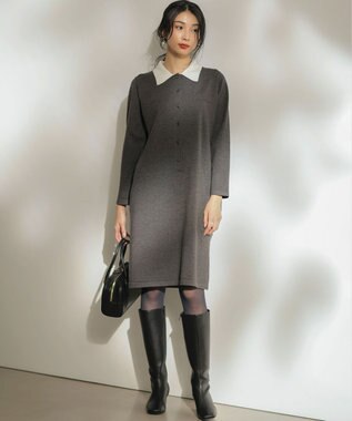 組曲 ニット襟トロンプルイユ ワンピース グレー系