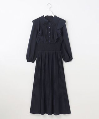 Feroux 【洗える】プリーツ ワンピース ネイビー系（無地）