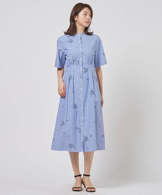 J.PRESS LADIES 【一枚で着映え】ストライプ×フラワープリント ワンピース ネイビーストライプ系