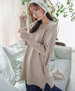 Tiaclasse 【安田美沙子さん着用・選べる2type・洗える】もちニットチュニック ボートネック：ベージュ