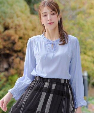 Tiaclasse フリルリボンブラウス サックス