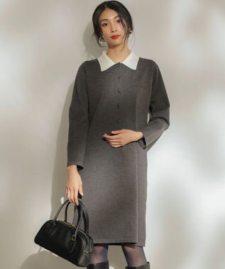組曲 ニット襟トロンプルイユ ワンピース グレー系