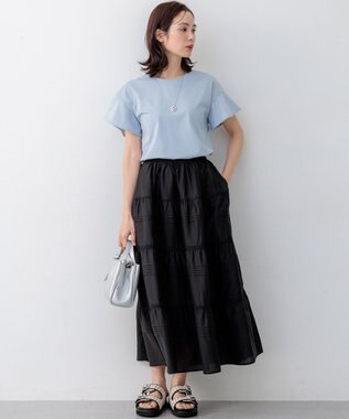 組曲 【WEB限定】プレーティング天竺フリルスリーブ Tシャツ スカイブルー系