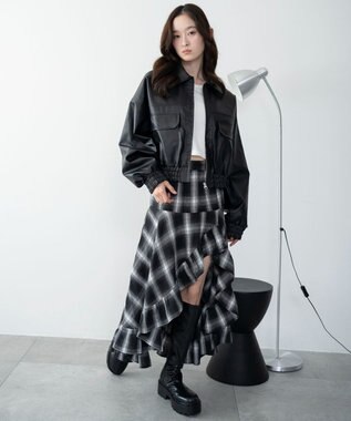 WEGO チェックアシンメトリーフリルロングスカート ブラックチェック1