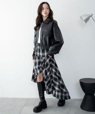 WEGO チェックアシンメトリーフリルロングスカート ブラックチェック1