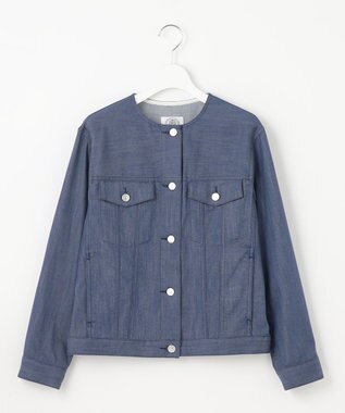 J.PRESS LADIES 【洗える】セルロースシャンブレー ノーカラー デニム ジャケット ブルー系