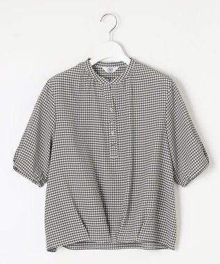 J.PRESS LADIES S 【洗える】アセVisギンガム バンドカラー ブラウス スレート×ベージュ系