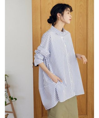 CRAFT STANDARD BOUTIQUE イージーケアコクーンポケ付きチュニック Stripe White