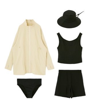 San-ai Resort（三愛水着楽園） 【WEB限定】5点セット バケットハット付きUVカット リブタンキニ+ラッシュガードセット水着【BeachQueen(ビーチクイーン）】