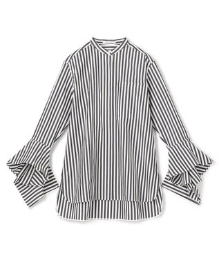 BEIGE， PERSIMMON / バンドカラーシャツ Black Stripe