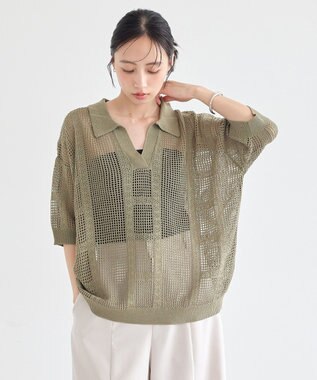 earth music&ecology レーシースキッパーポロニットプルオーバー Khaki